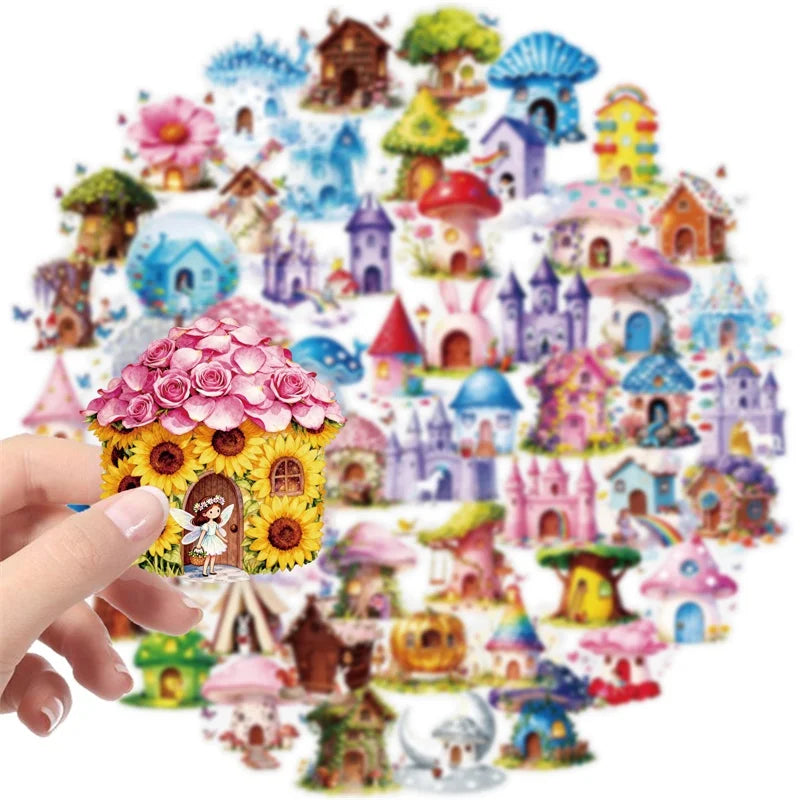 56PCS Fairy Tale Mushroom PET Sticky Sticker Aesthetic Tear Open DIY Decoration Scrapbooking Stationery Supplies for Kids