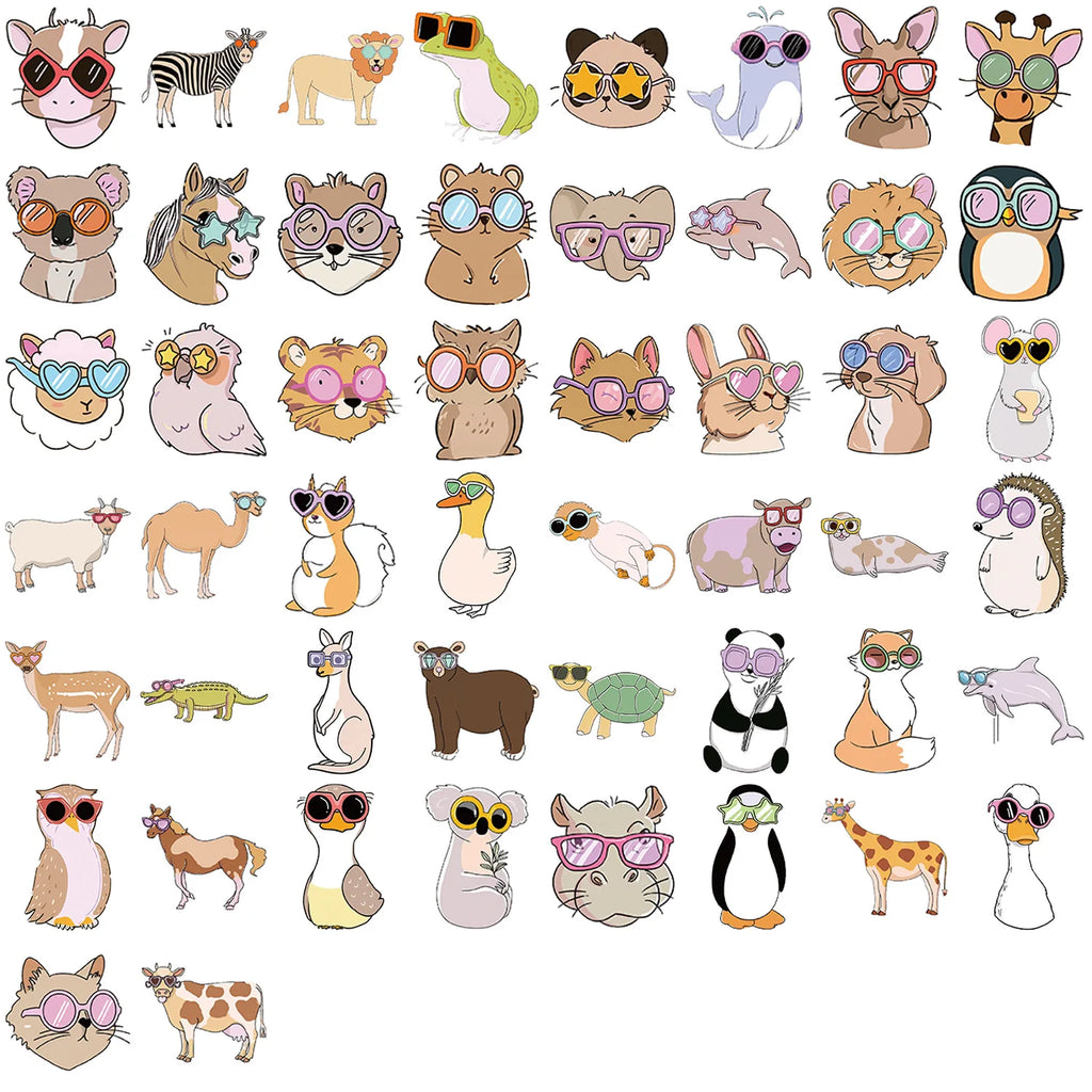 50/100PCS Cute Cartoon Glasses Wearing Animal Graffiti Stickers Decor Guitar Notebook Luggage DIY Waterproof Stationery Stickers