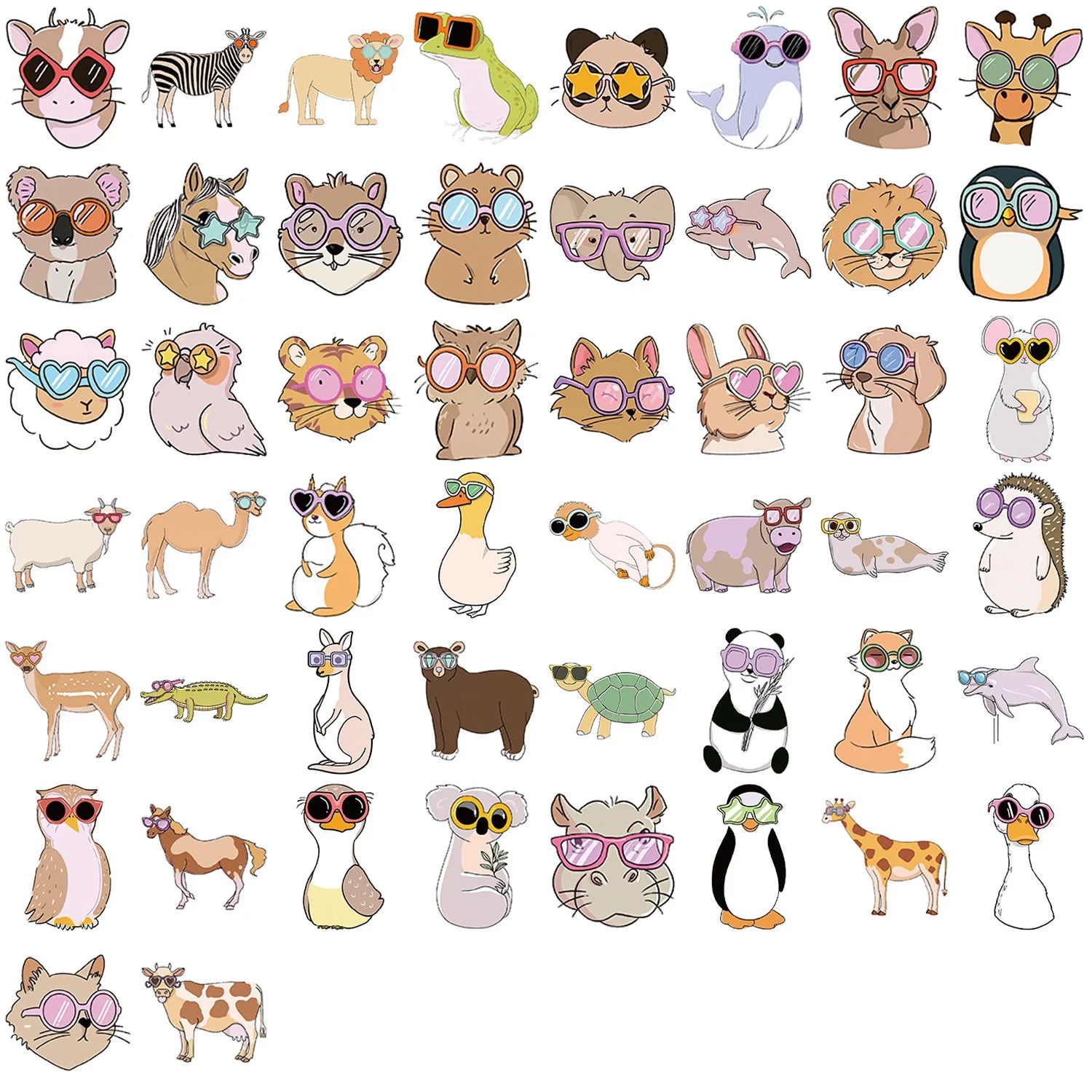 50/100PCS Cute Cartoon Glasses Wearing Animal Graffiti Stickers Decor Guitar Notebook Luggage DIY Waterproof Stationery Stickers