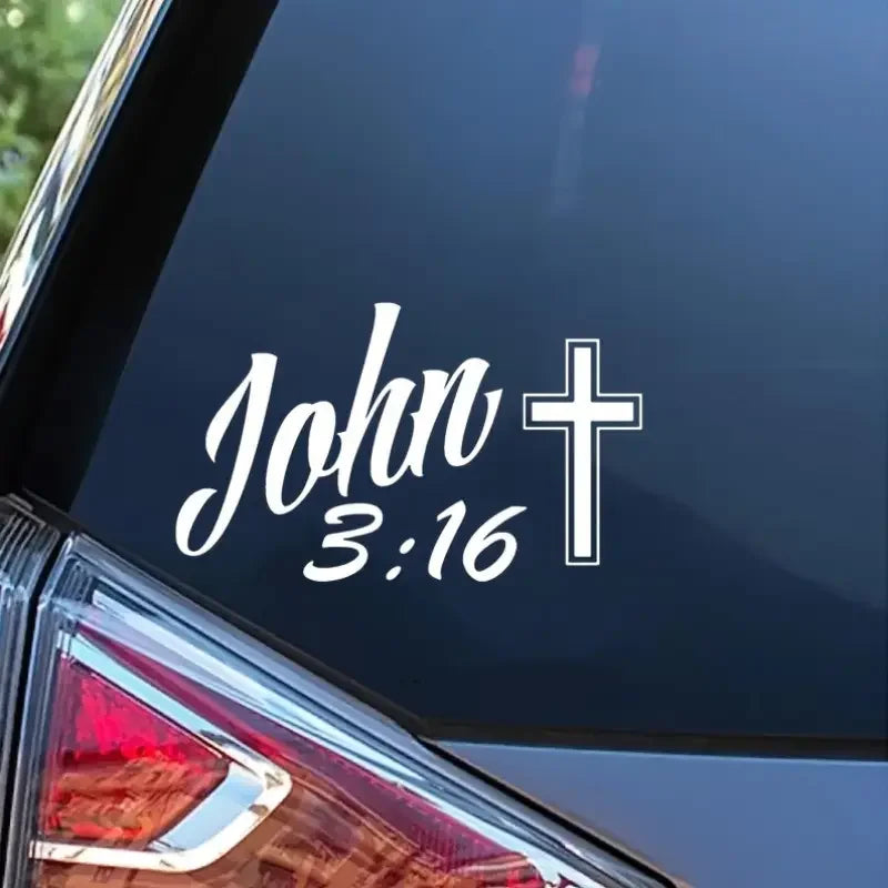 John 3:16 Bible Verse Car Window Decal - Black Cross & White Cursive Script Vinyl Sticker, Weather-Resistant PVC, Self-Adhesive