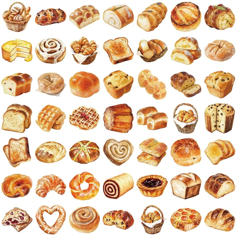 50PCS Kawaii Bread PET Sticky Sticker Aesthetic Korean Stationery DIY Decoration Scrapbooking School Supplies for Kids