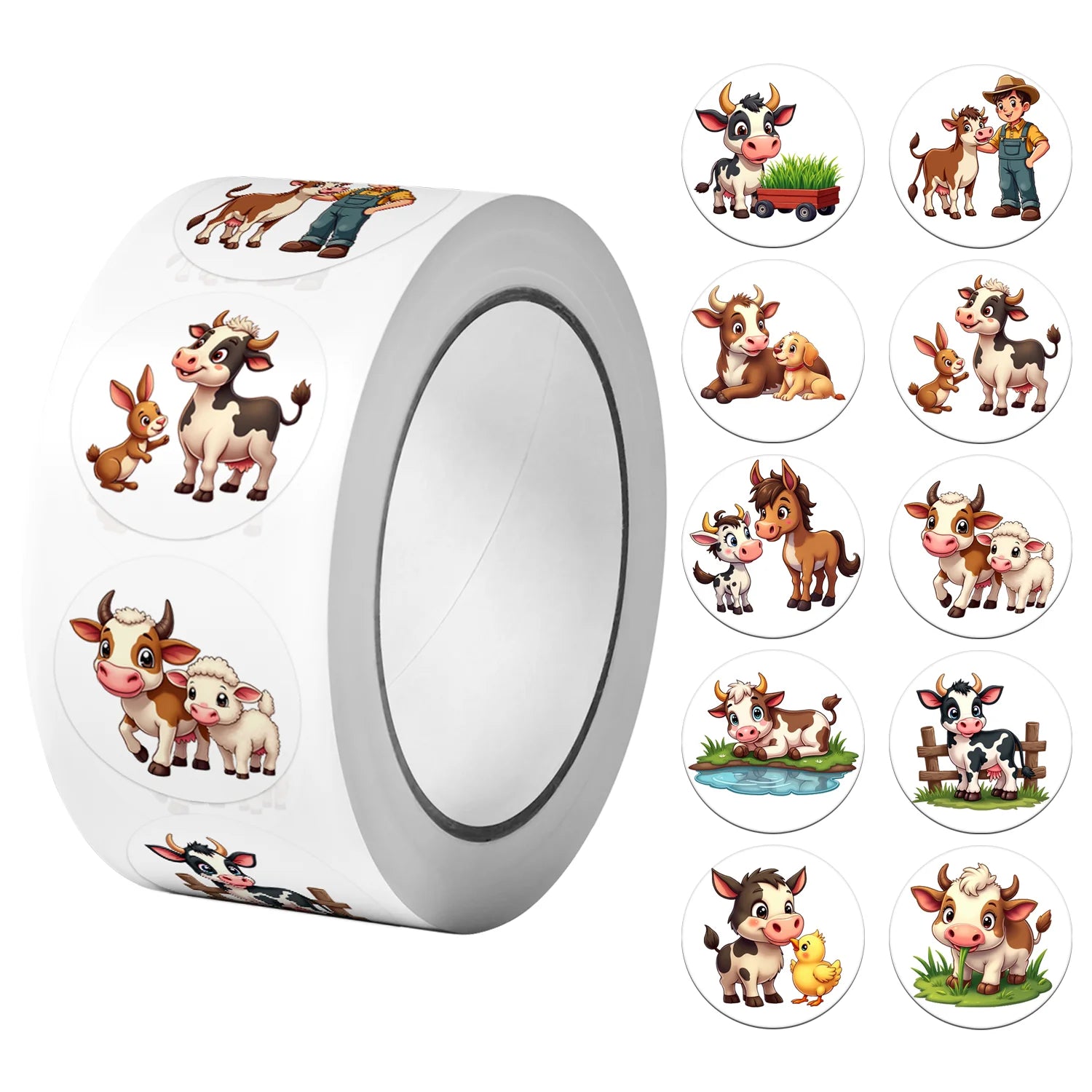1Roll(500Pcs) Kawaii Little Cow and Farm Friends Stickers 2.5cm/1.0'' 10 Designs Decals Diy Adorn Gifts Package Sealing Labels