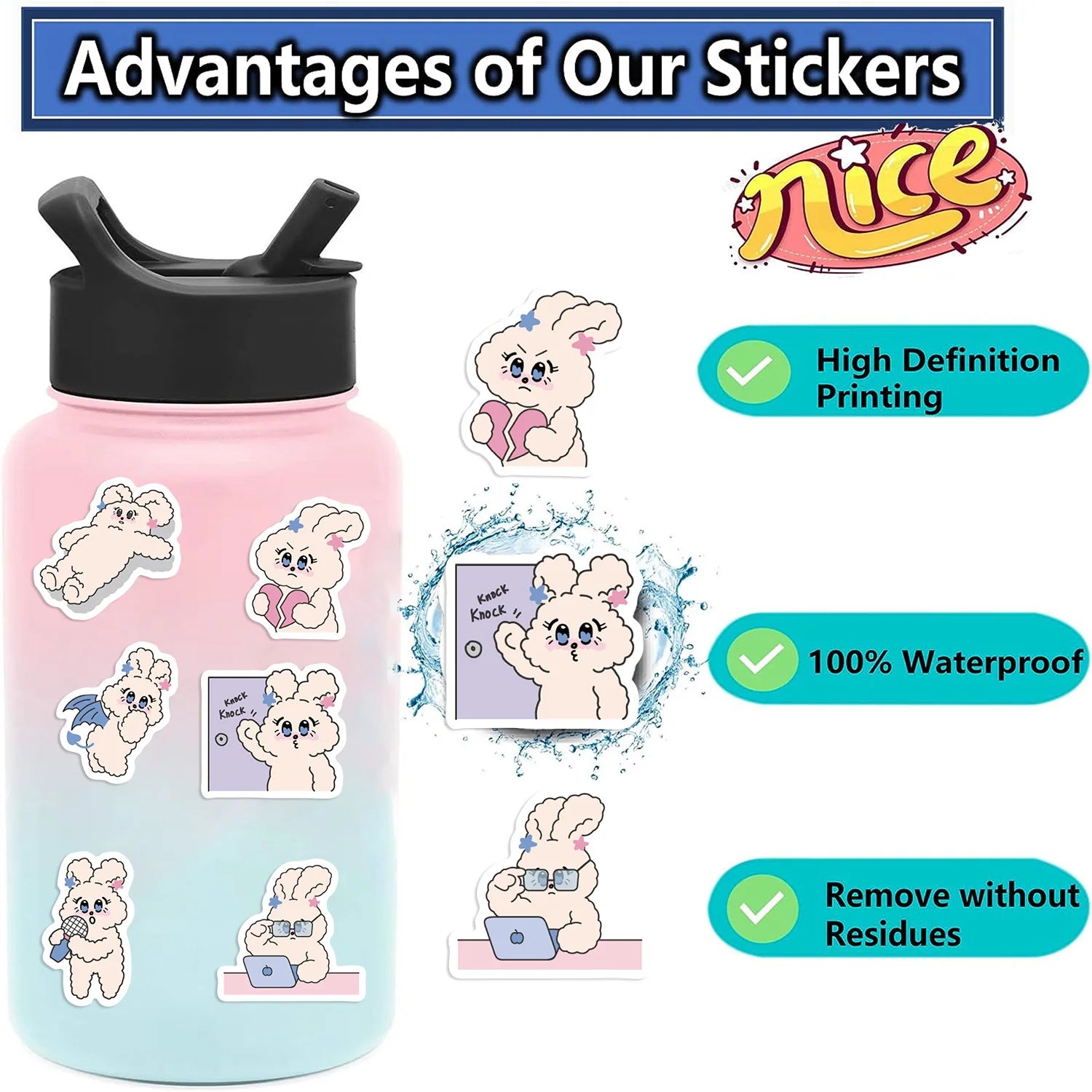 90/180PCS Cute Candy Rabbit Graffiti Stickers Guitar Notebook Luggage DIY Waterproof Stationery Pen Holder Stickers
