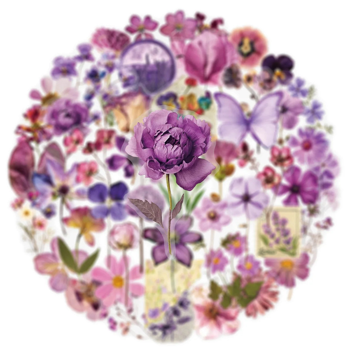 50/100PCS Transparent PET Purple Flower Stickers Pen Holder Notebook Tablet Water Cup Stationery Decorative Waterproof Stickers