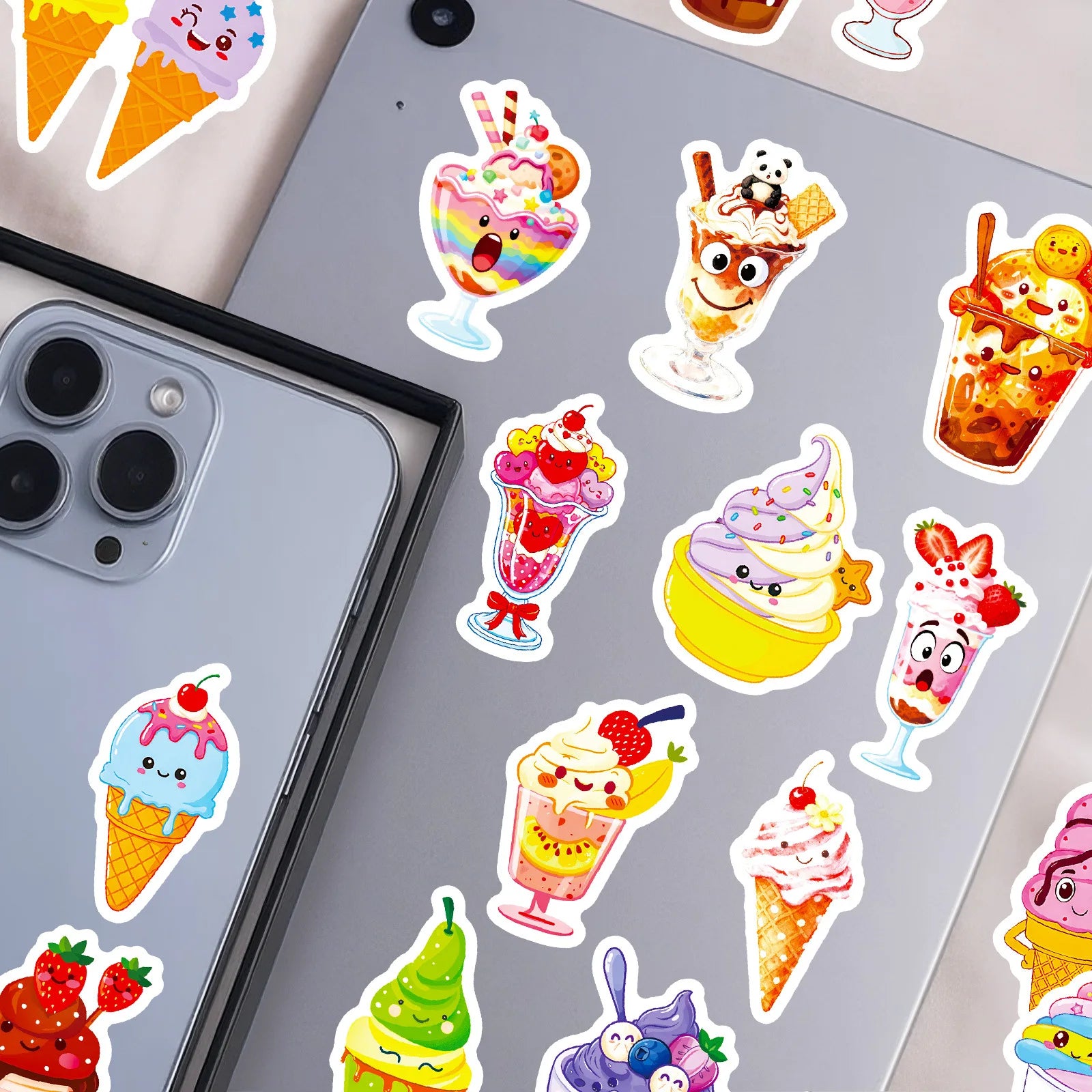 50PCS Cartoon Ice Cream Cute Doodle Stickers Easy Peel Kids DIY Fun Craft Student Notebook Tablet Decorative Sticker