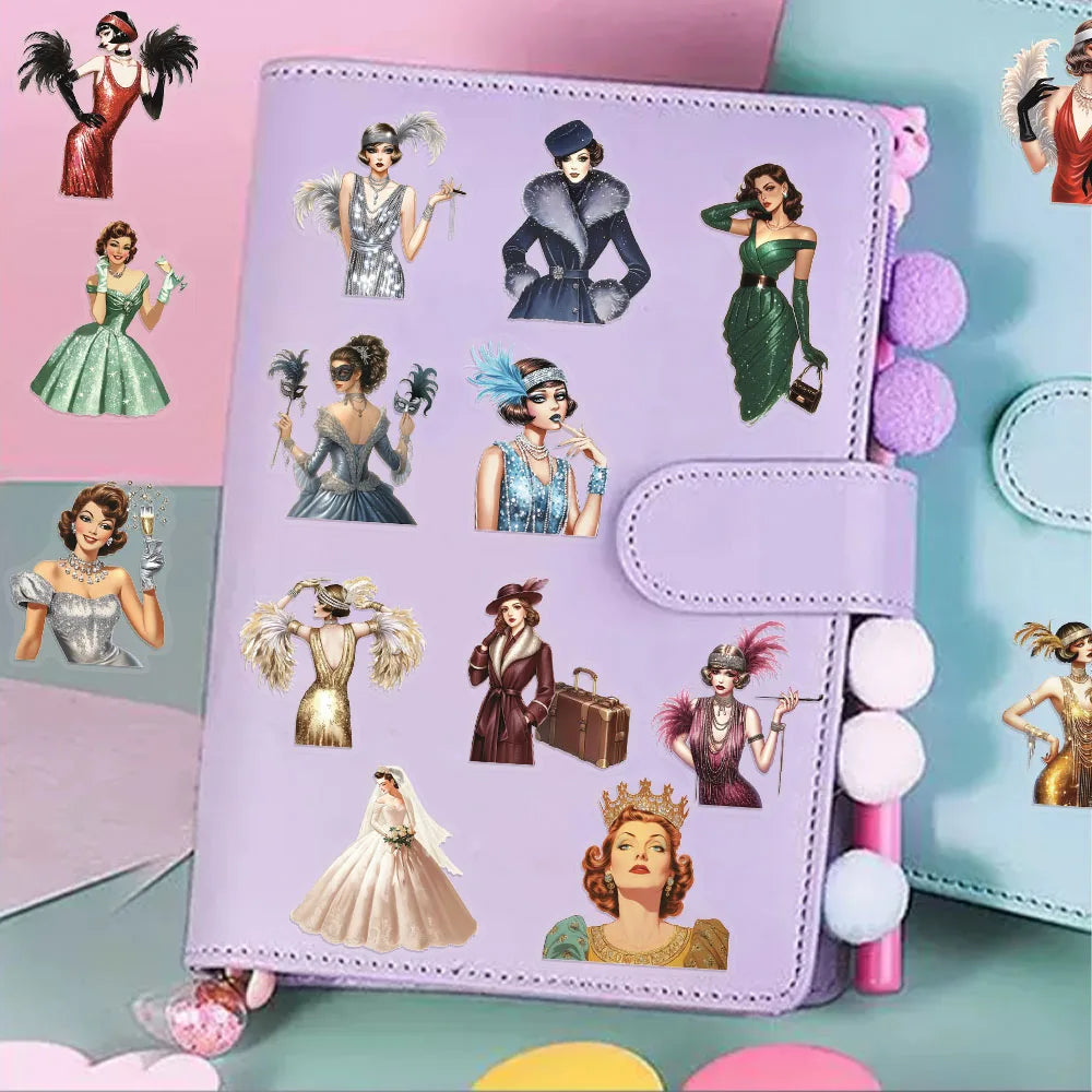 50PCS Retro Women's Classic PET Stickers Decorative Computer Scrapbook Refrigerator Phone Case Speaker Guitar Toy Stickers