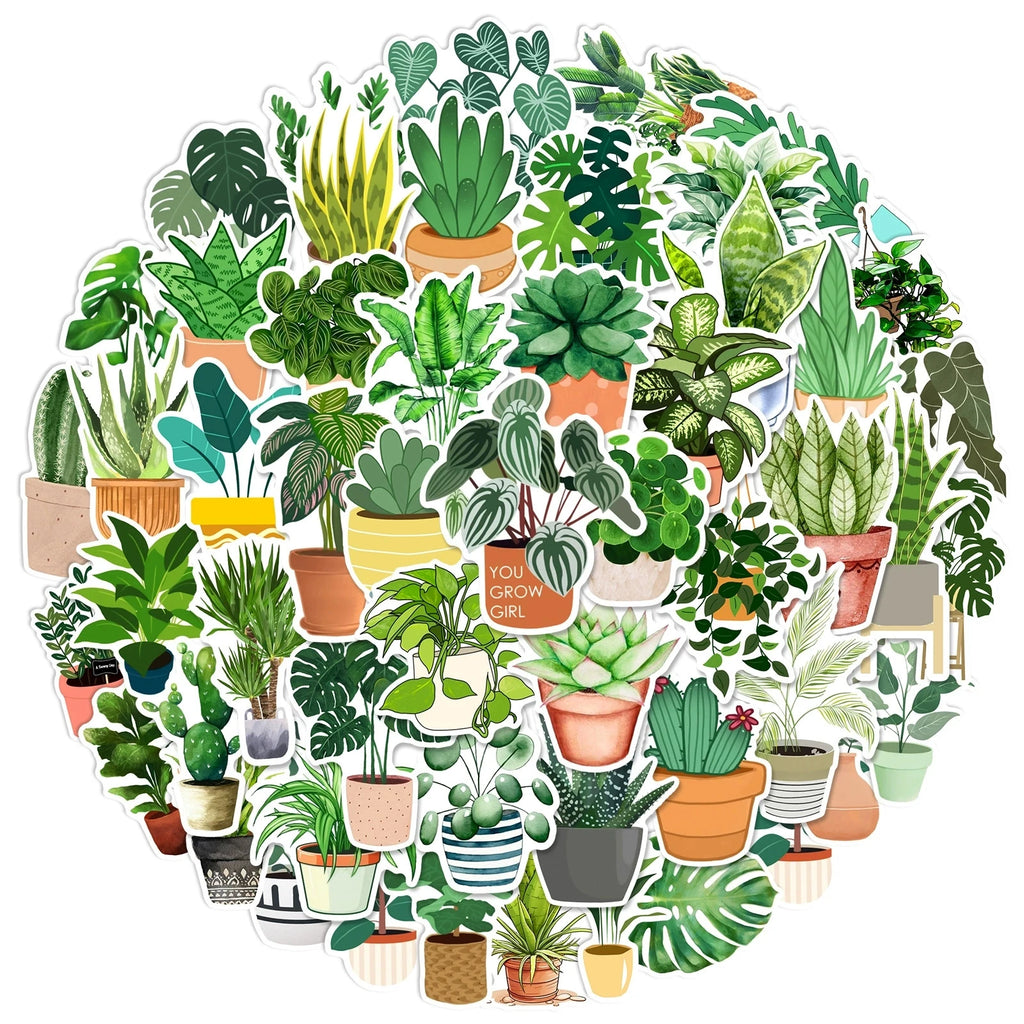 50/100PCS Green Potted Plants Graffiti Stickers Waterproof Trolley Box Motorcycle Scooter Notebook Refrigerator Stickers