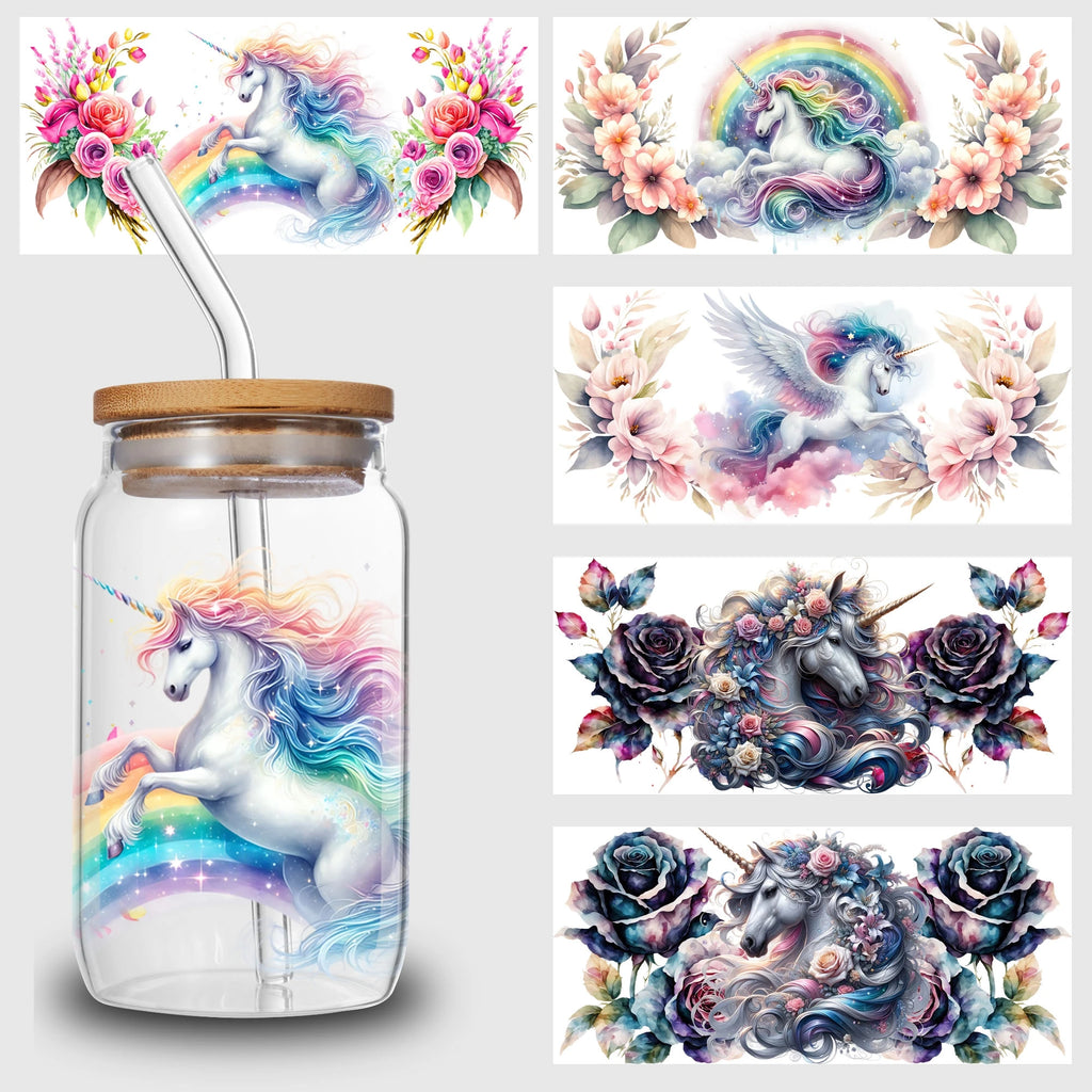 5 sheet Unicorn UV DTF Cup Stickers, DTF Transfer Stickers, Waterproof Wipe Transfer Paper for 16oz Glass, Mug, Craft, Furniture