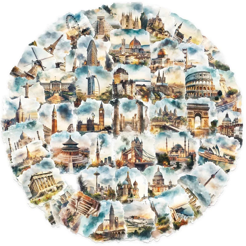 50PCS World Architecture PET Sticky Sticker Aesthetic Tear Open Decoration Scrapbooking Stationery Supplies for Kids