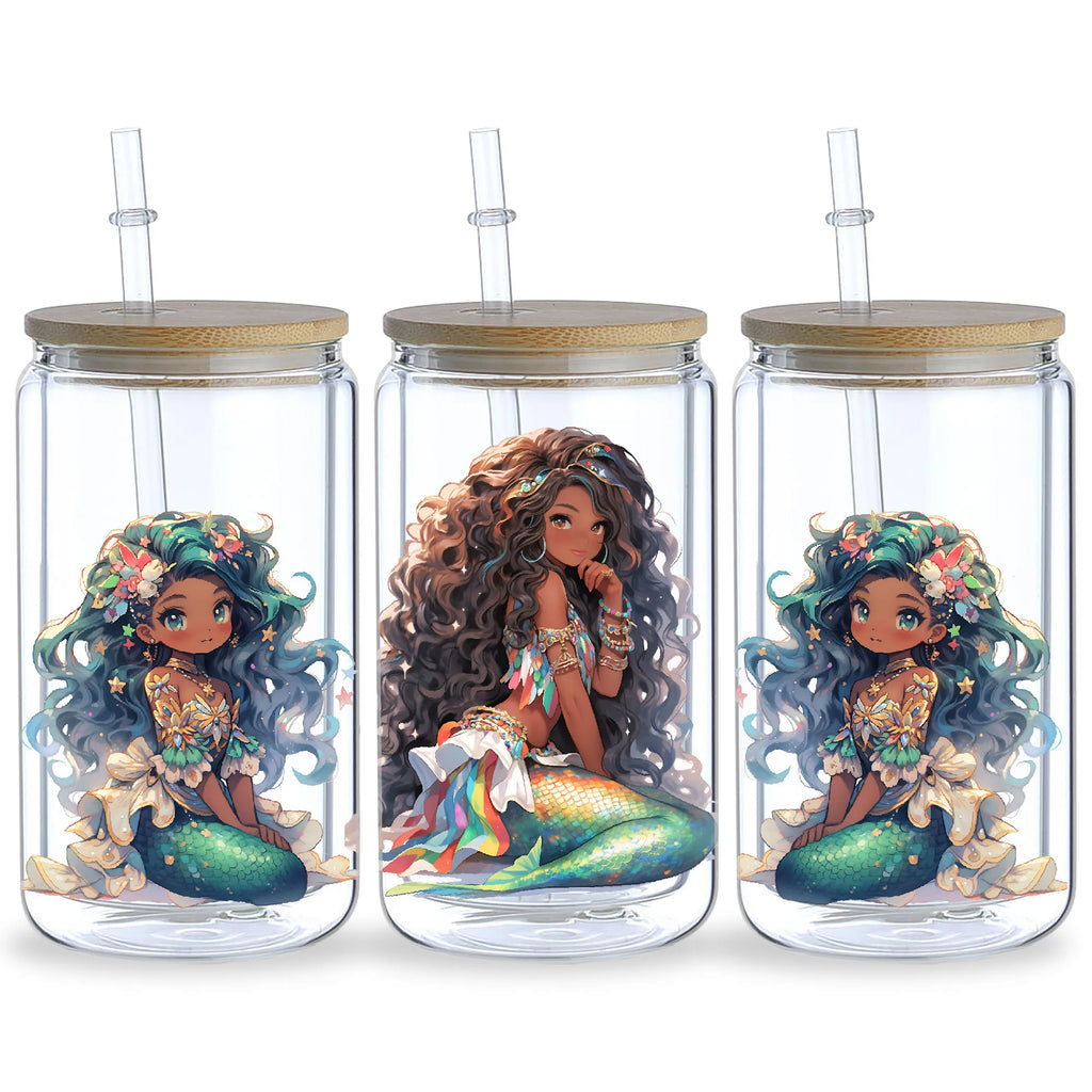 5 Sheets Mermaid UV DTF Glass Cup Wrap Transfer Stickers, DTF Transfer Stickers, Waterproof Wipe-Off Transfer Stickers