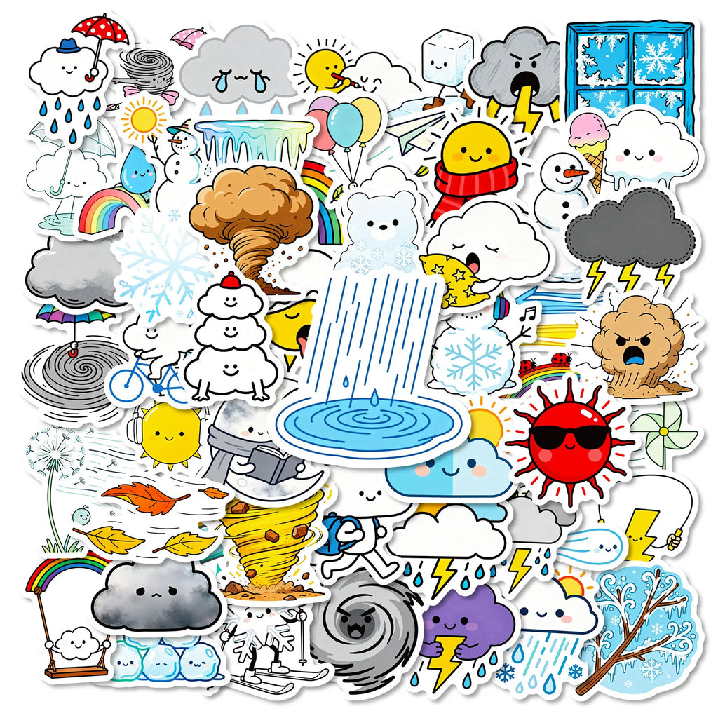 56/112 Pcs Weather Cartoon PET Transparent Fun Stickers for Stationery Box Suitcase Fridge Drawer Cup Phone Laptop