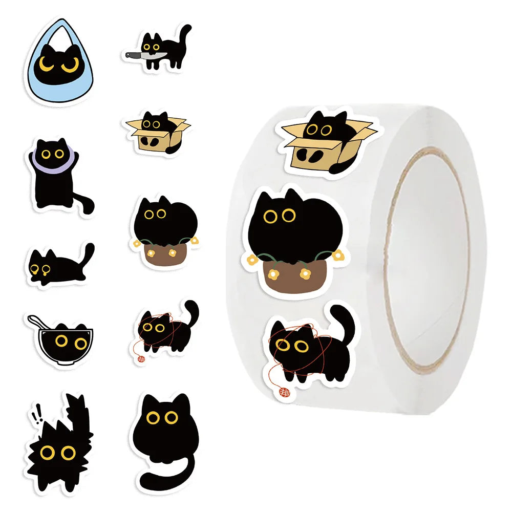 500PCS Ten Different Patterns Black Cat Roll Stickers Small Pattern Decoration DIY Luggage Skateboard Water Cup Stickers