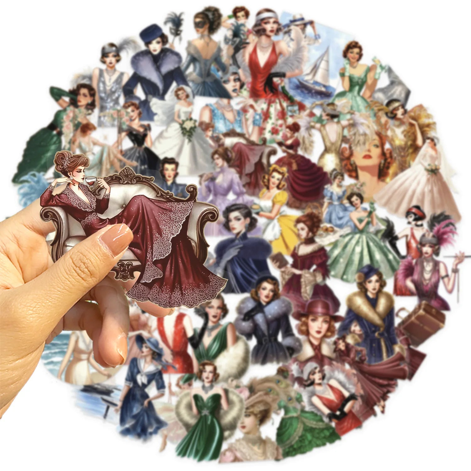 50/100PCS Cartoon Vintage Girl Sticker Bag Waterproof Transparent PET Notebook Decoration Guitar Notebook