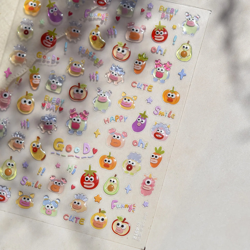 Cute Graffiti Nails Sticker 3D Simple Cat Claw Rabbit Bear Dog Flower Lovely Animal Fruit Adhesive 5D Embossed Nail Art Stickers