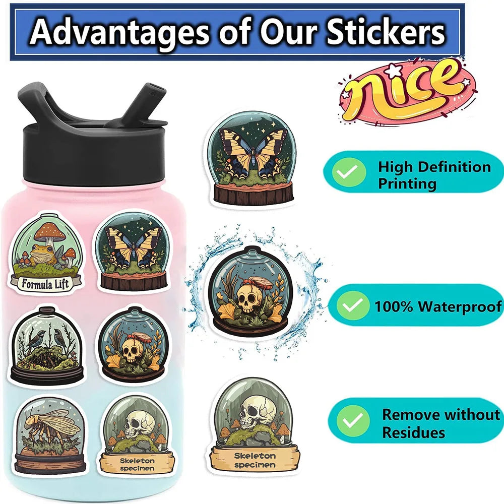 50 Pcs Cartoon Mystery Bottles, Biological Graffiti Stickers Guitar Notebook Luggage DIY Water Bottle Decor Waterproof Stickers