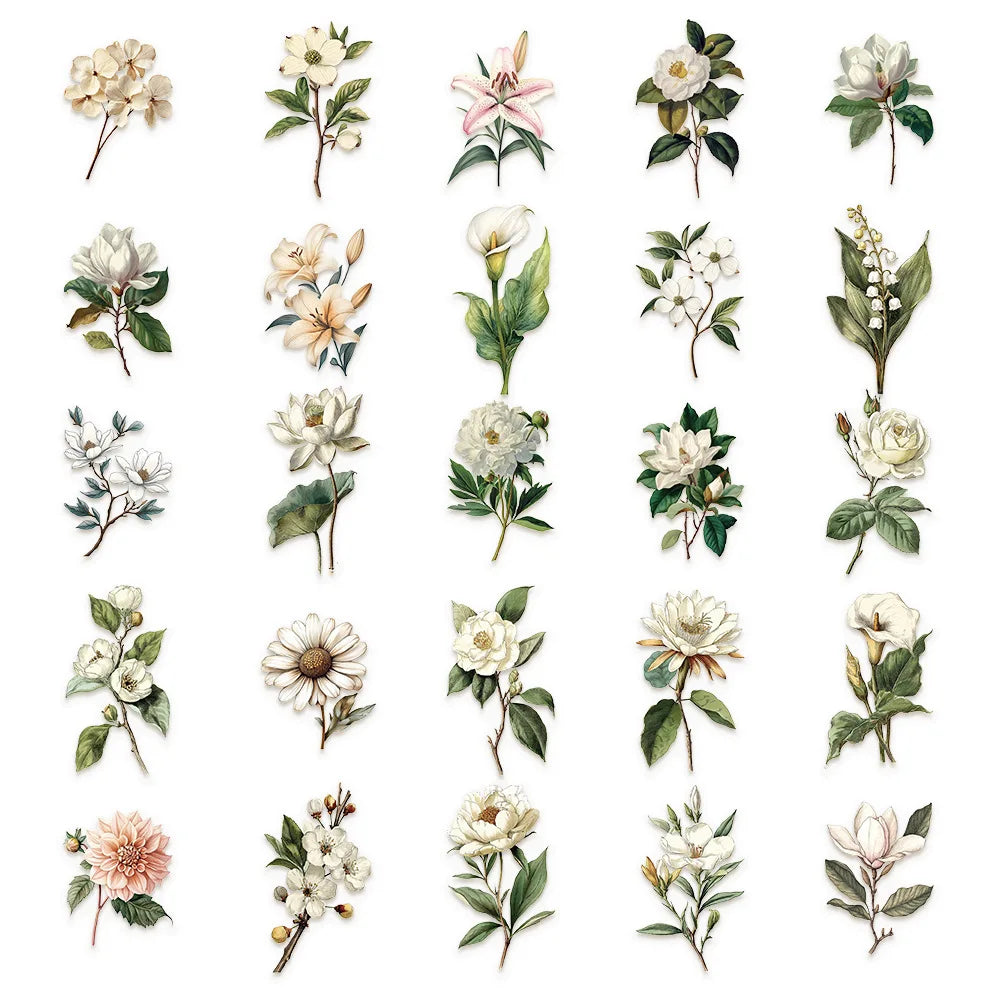 Variety of 50PCS Retro Long Branch Flower Stickers Transparent Waterproof DIY Stationary Notebook Art Stickers