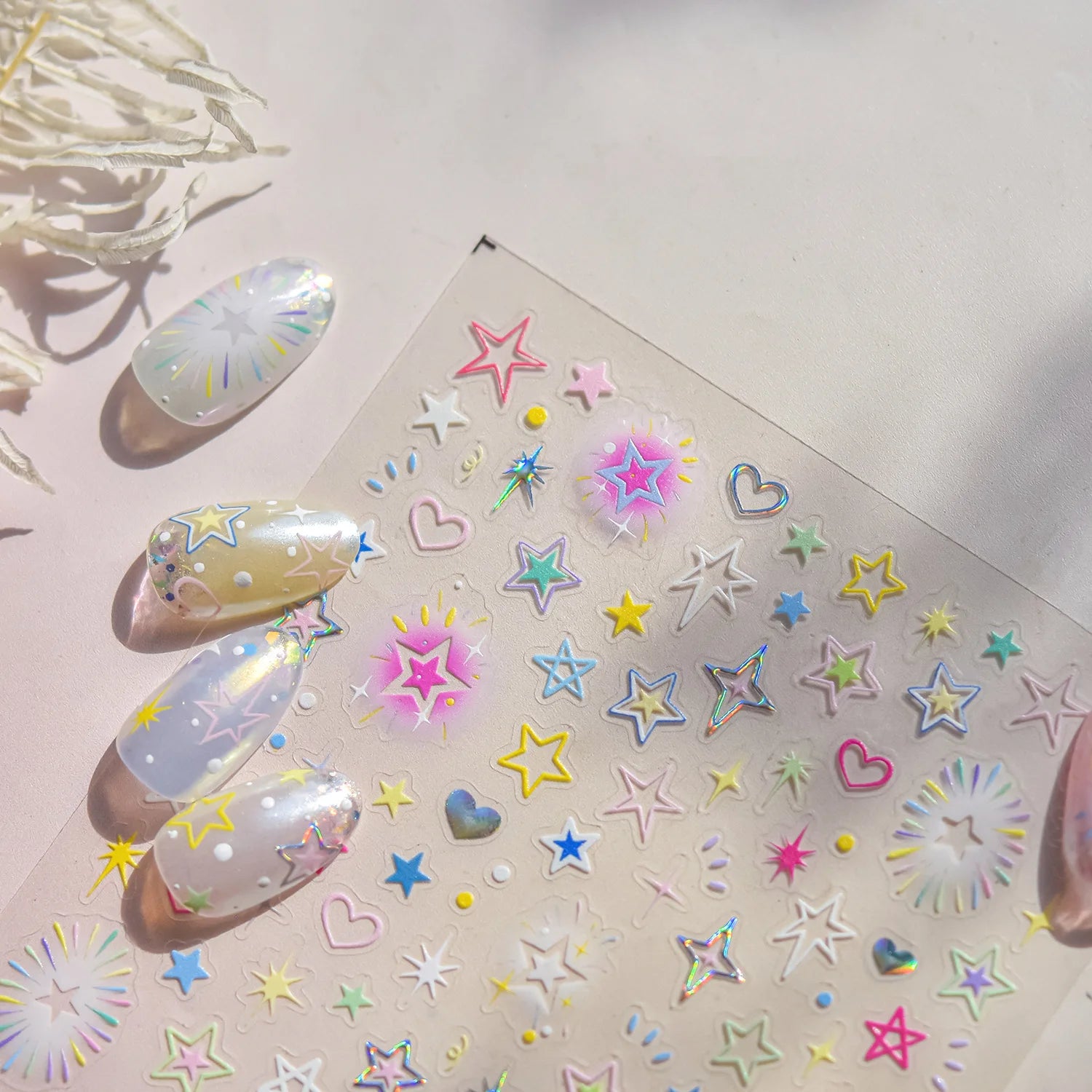 5D Relief Nail Stickers Sweet Starlight Nail Accessory Stickers Colorful Irregular Star Nail Decals Adhesive Nail Art Stickers