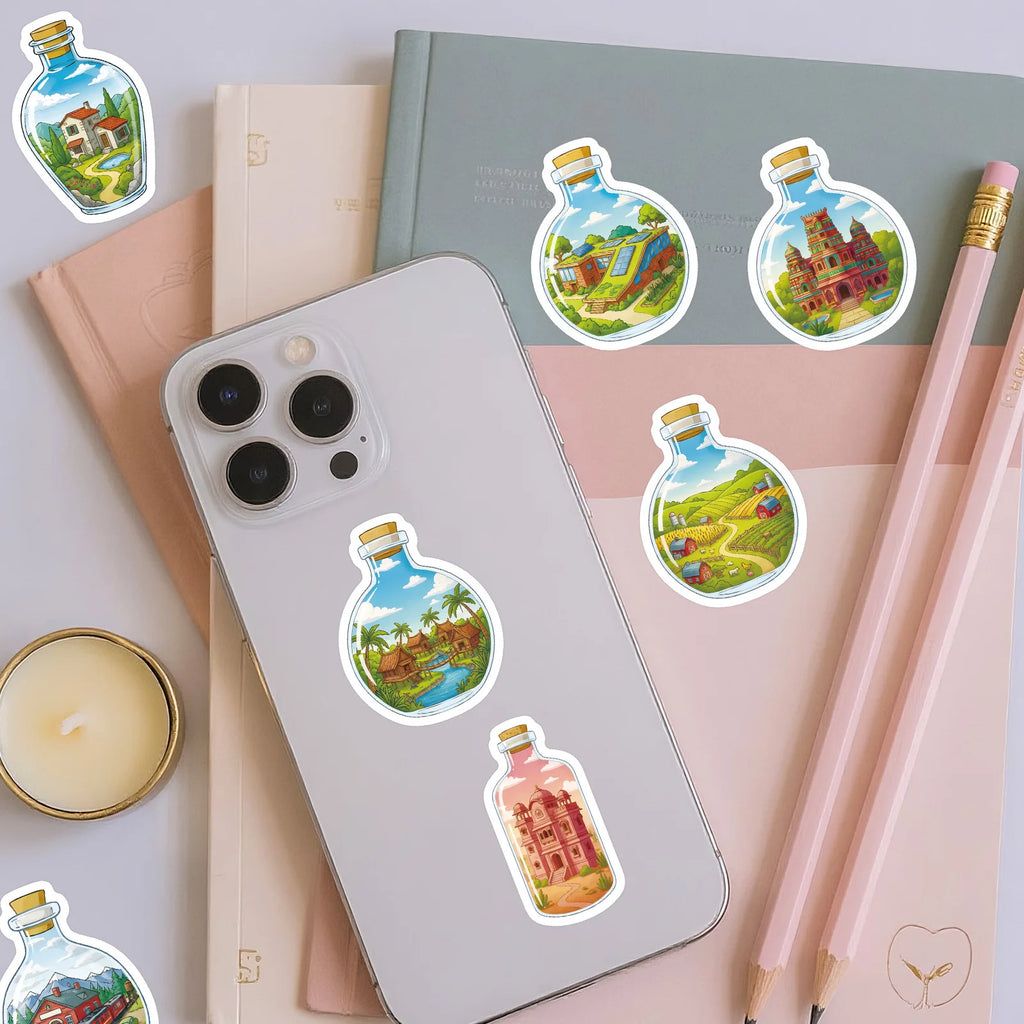 56/112PCS Bottle World Glass Cartoon Stickers Miniature Landscape Building Dreamy Healing Waterproof Stationery Reward Stickers