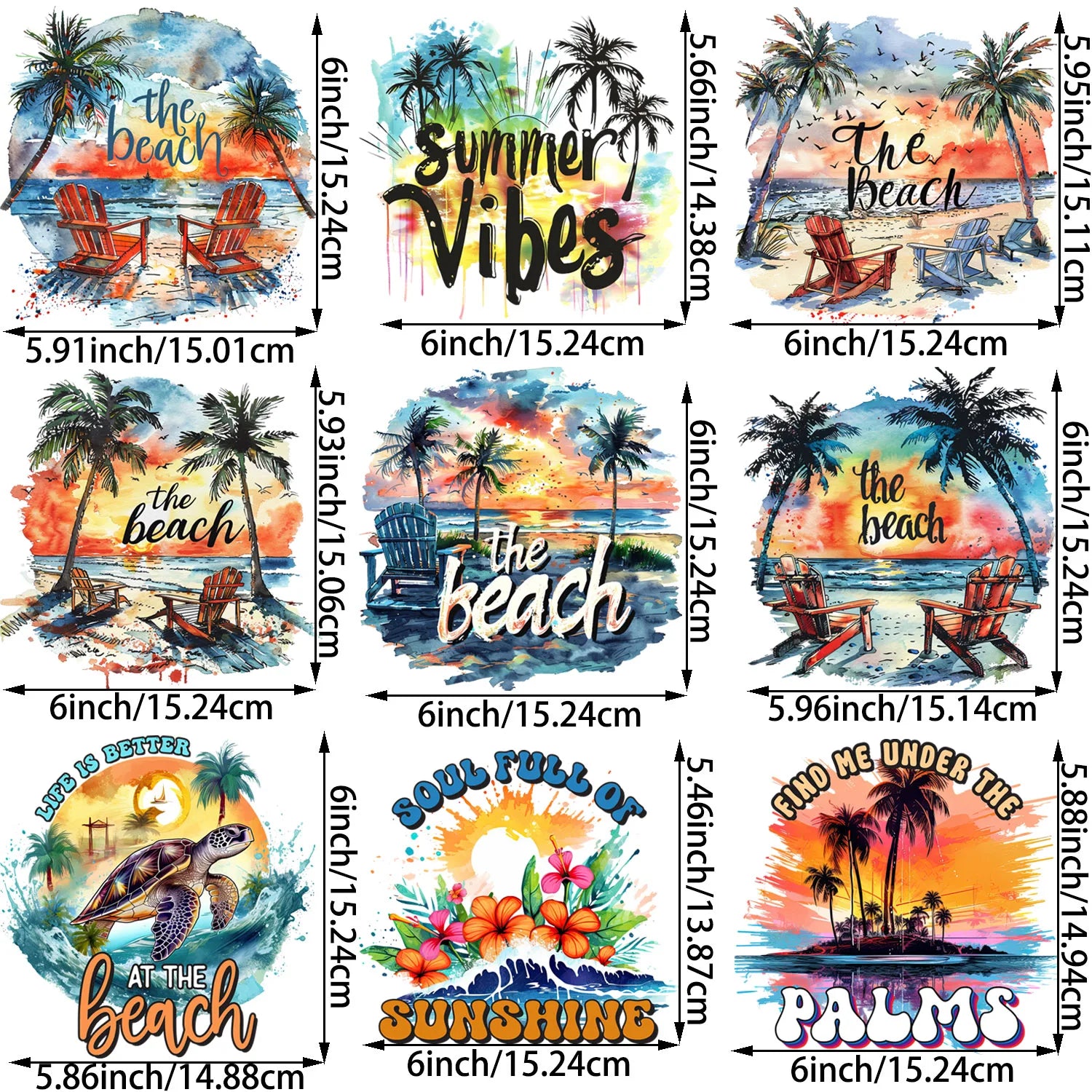 9 sheets Summer Beach Sunset Series DIY Theme Iron-on Applique Patches Colorful Theme Heat Transfer DIY Clothing, T-shirts