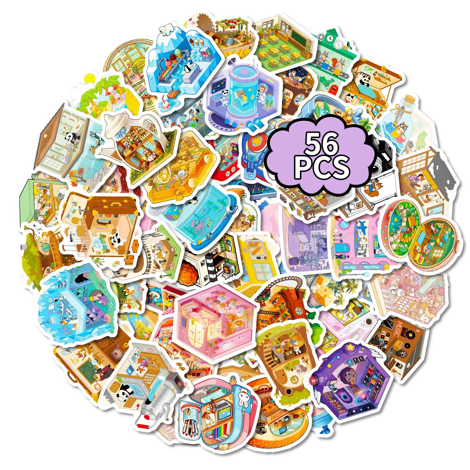 56PCS Cute 3D Scene Stickers, Office School Supplies Children Notebook Stationery Suitcase Waterproof Art Sticker
