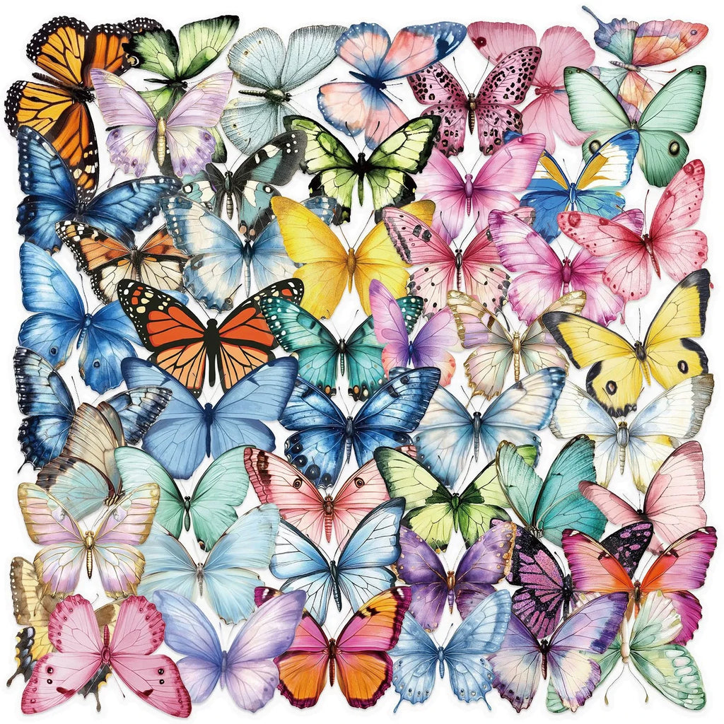 Variety 50PCS Cartoon Color Butterfly Sticker Pack Waterproof Transparent PET Decorative Guitar Notebook Stationery Stickers