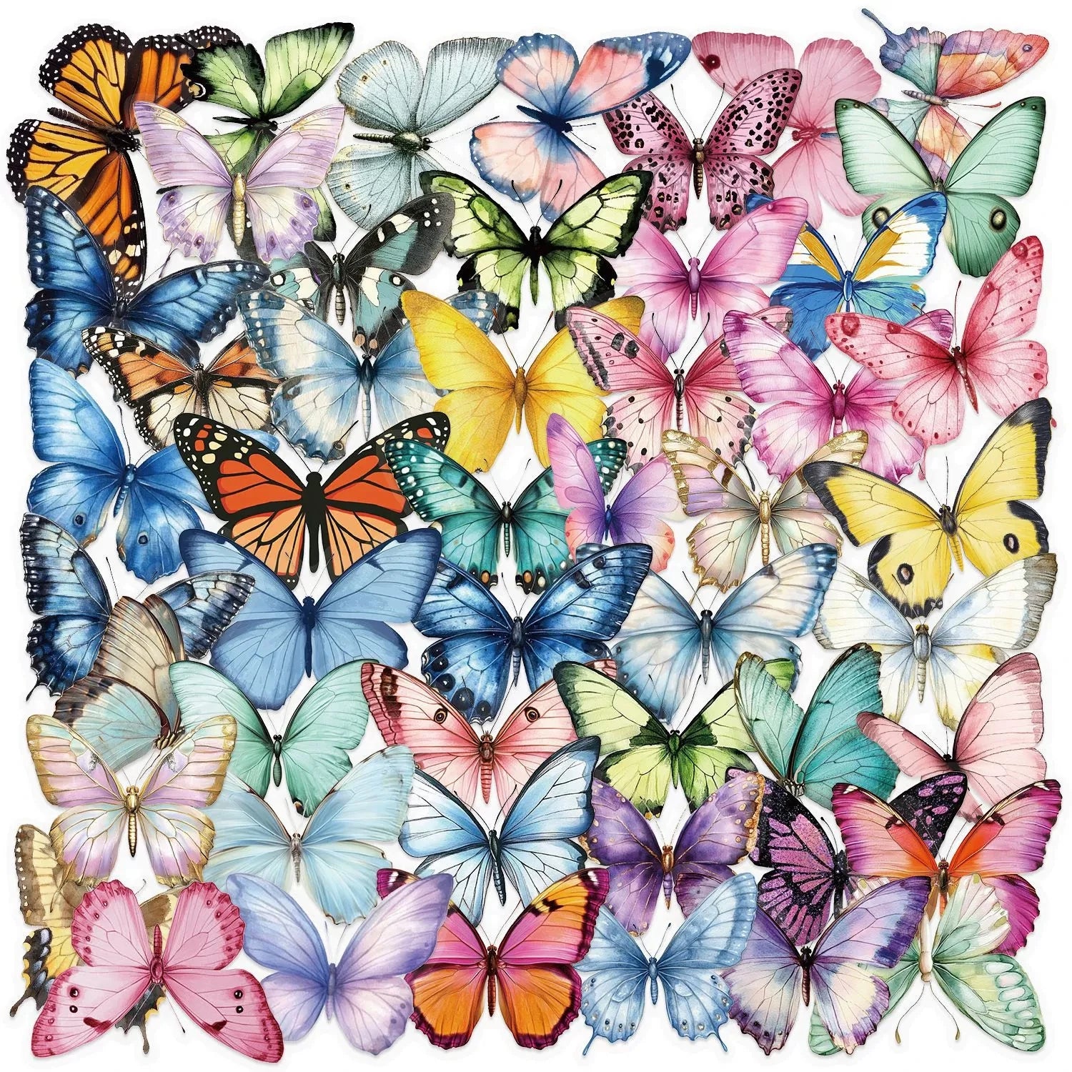 Variety 50PCS Cartoon Color Butterfly Sticker Pack Waterproof Transparent PET Decorative Guitar Notebook Stationery Stickers