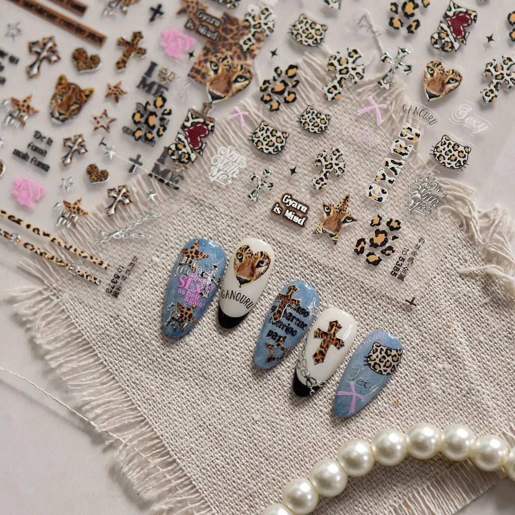 Metal Nail Art Stickers Retro Wild Leopard Print Nails 3D Decorations Stickers Winter Cross Animal Nail Art Accessories Stickers