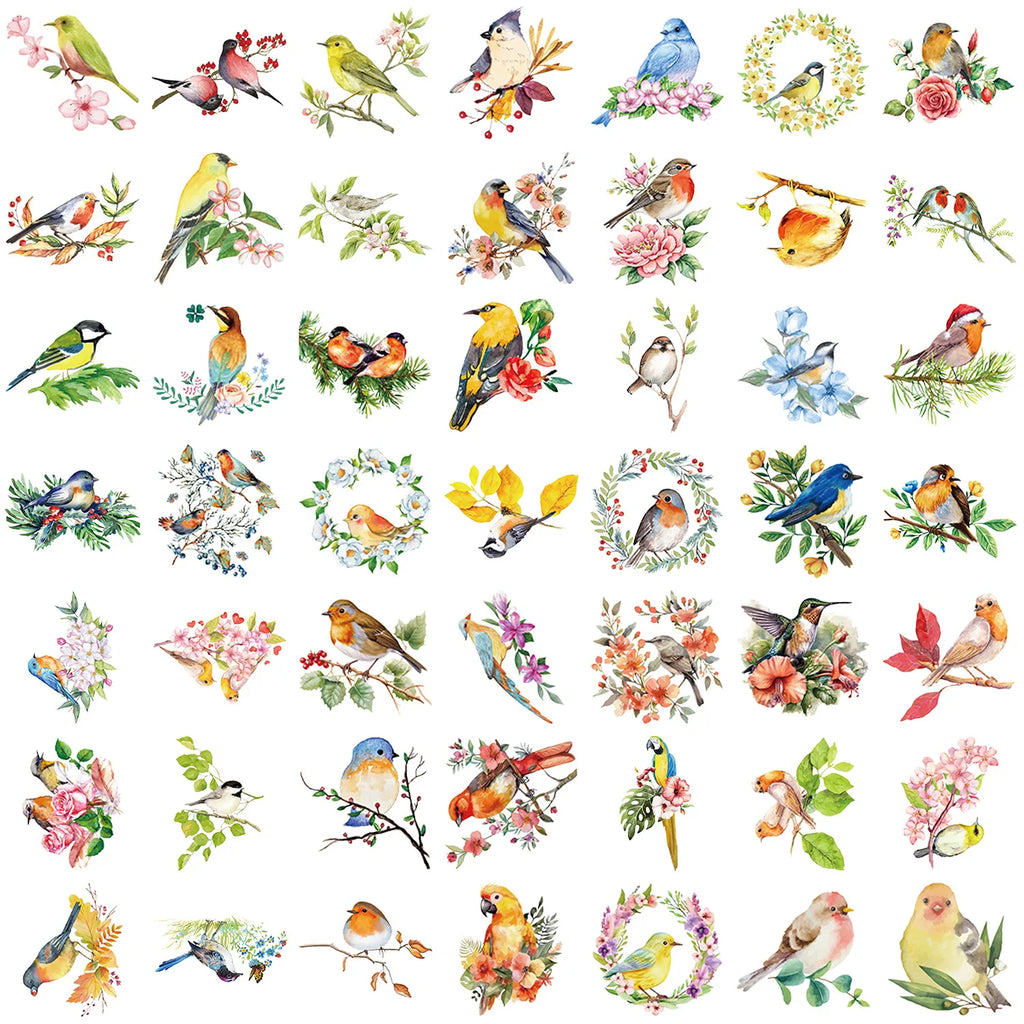 50Pcs Transparent Watercolor Bird Sticker Waterproof Transparent PET Decor Guitar Notebook Stationary Stickers