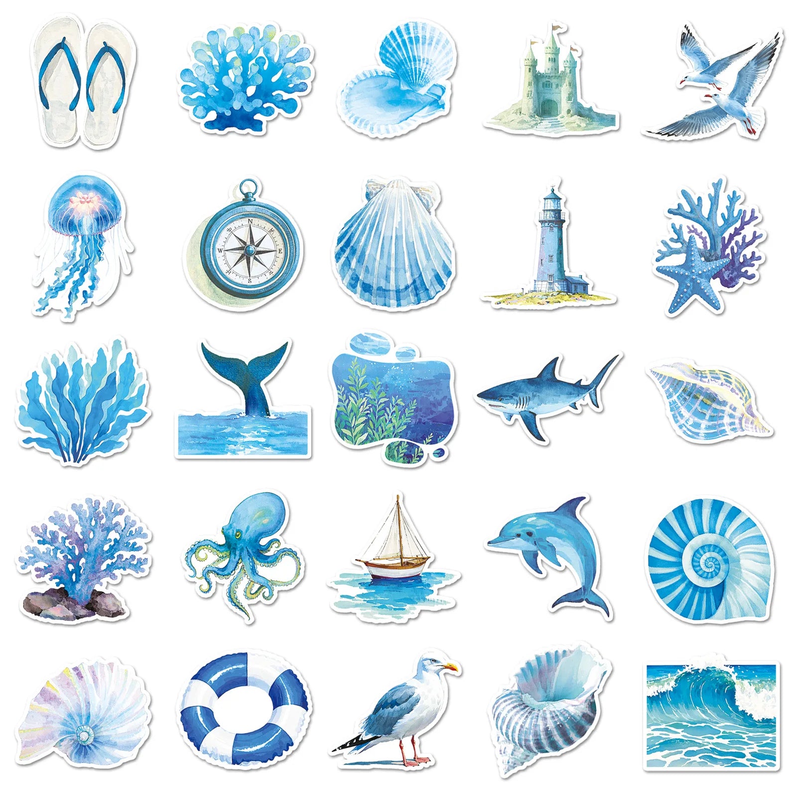 50-Pack Watercolor Blue Ocean Doodle Stickers Cartoon Decor for Phone Tablet Water Cup Guitar Luggage Notebook Fridge