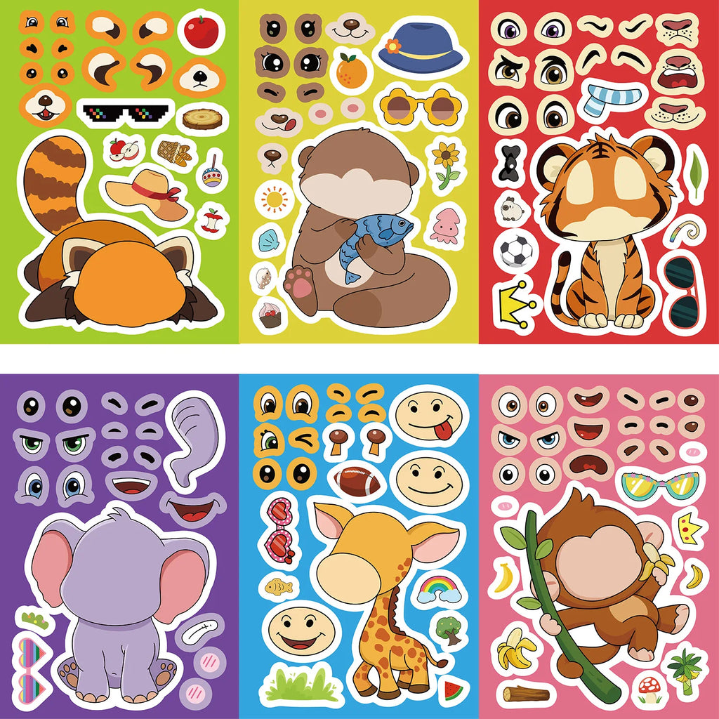 8/16/24PCS Animal Face Changing Collar Cute Cartoon DIY Notebook Phone Stationery Box Decorative Stickers