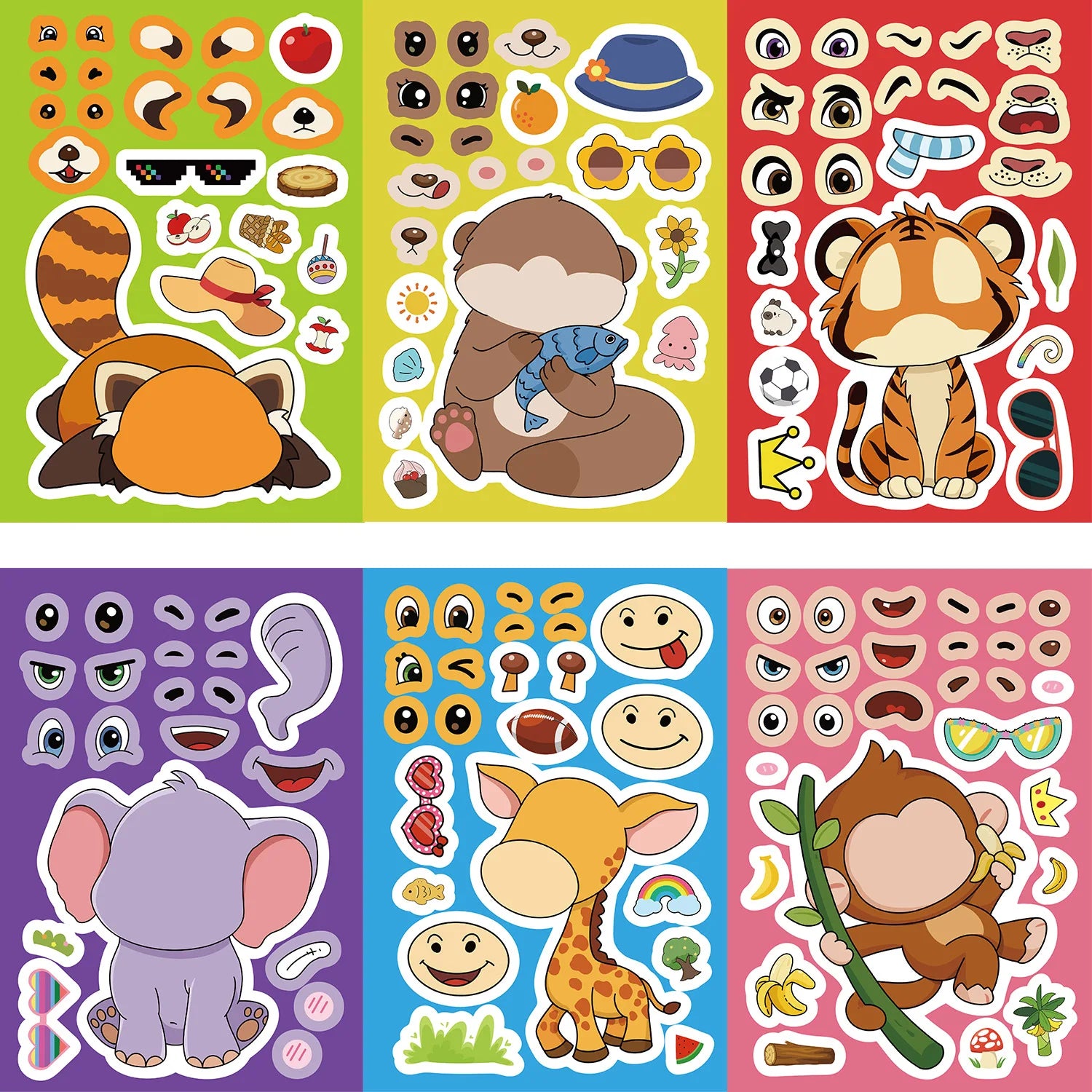 8/16/24PCS Animal Face Changing Collar Cute Cartoon DIY Notebook Phone Stationery Box Decorative Stickers