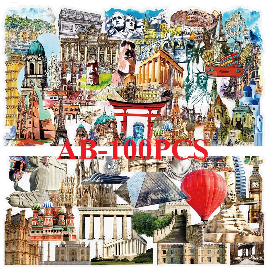 50-100PCS Transparent PET World Famous Architecture and Scenic Spot Stickers DIY Decorative Waterproof Stickers