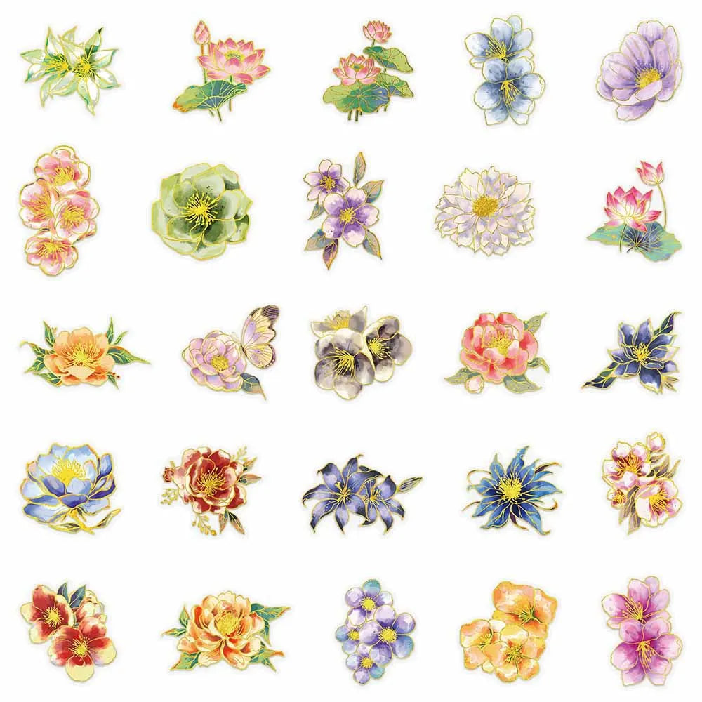 50-Pack Elegant Floral Gold-Stamped Decals for Notebooks Phones Water Cups DIY Decoration - Premium Quality Stickers