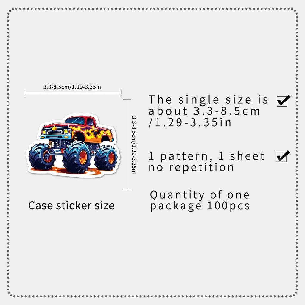 100Pcs Monster Truck Stickers Cartoon Stationery School Supplies Decorative Decals Notebook Phone Fridge Luggage DIY Sticker