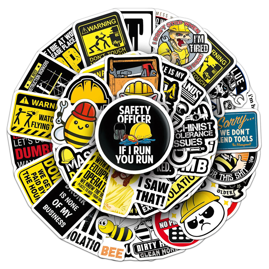50PCS Safety Helmet Slogan Stickers, Warning Signs Stationery Computer Helmet Suitcase Decora Art Stickers