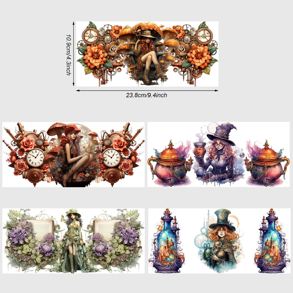 5 sheets Steampunk UV DTF Cup Stickers, DTF Friction Transfer Stickers, Waterproof Cartoon Transfer Stickers for 16oz Glass Cups