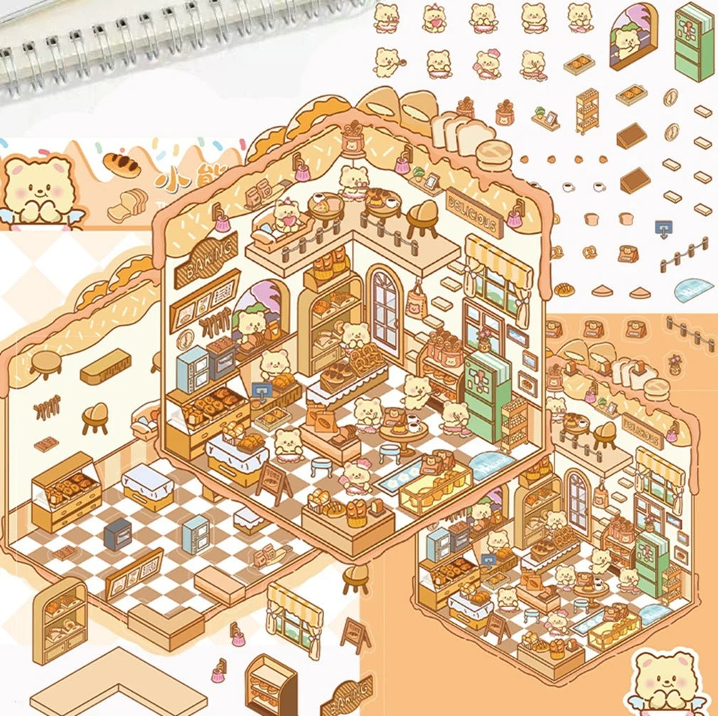 3D Cartoon Landscape Stickers Bear Bakery Miniature World 3D Small House Decompression DIY Scene Hand Account Stickers