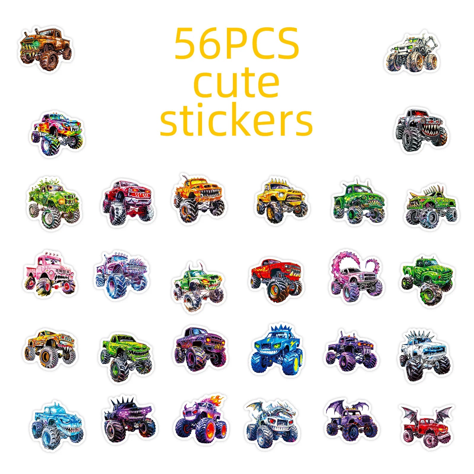 56PCS Wild Monster Car Stickers Student Notebook Skateboard Helmet Waterproof DIY Unique Decorative Art Decal Sticker