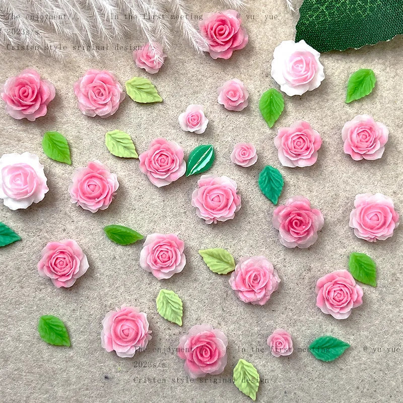 Peach-pink Flower Nail Art Accessories Luminous Camellia Red Leafs Resin Nail Charms Jewelry DIY Mixed Size Nails 3D Decorations