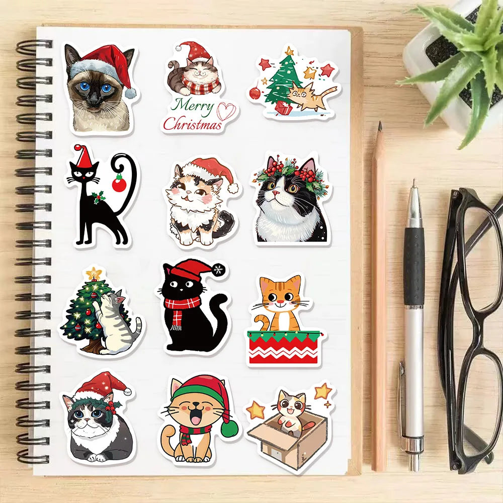 50PCS Cute Christmas Cartoon Cat Fun Stickers DIY Manual Scrapbook Fixed Phone Laptop Stickers Toy