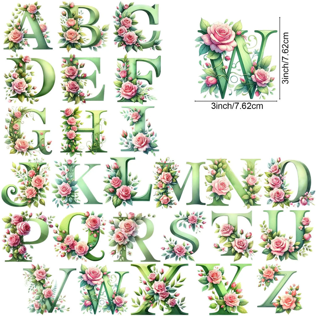 1 set of A~Z letter flower UV DTF transfer stickers, waterproof wipe transfer stickers, suitable for glasses
