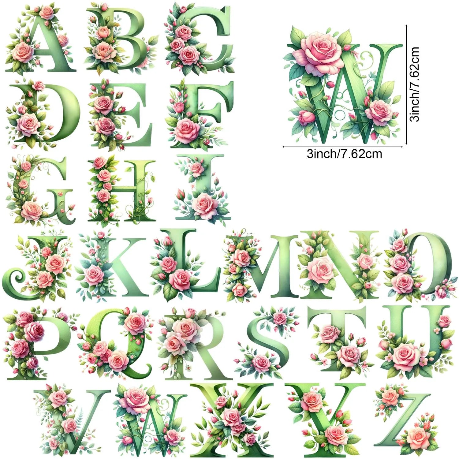 1 set of A~Z letter flower UV DTF transfer stickers, waterproof wipe transfer stickers, suitable for glasses