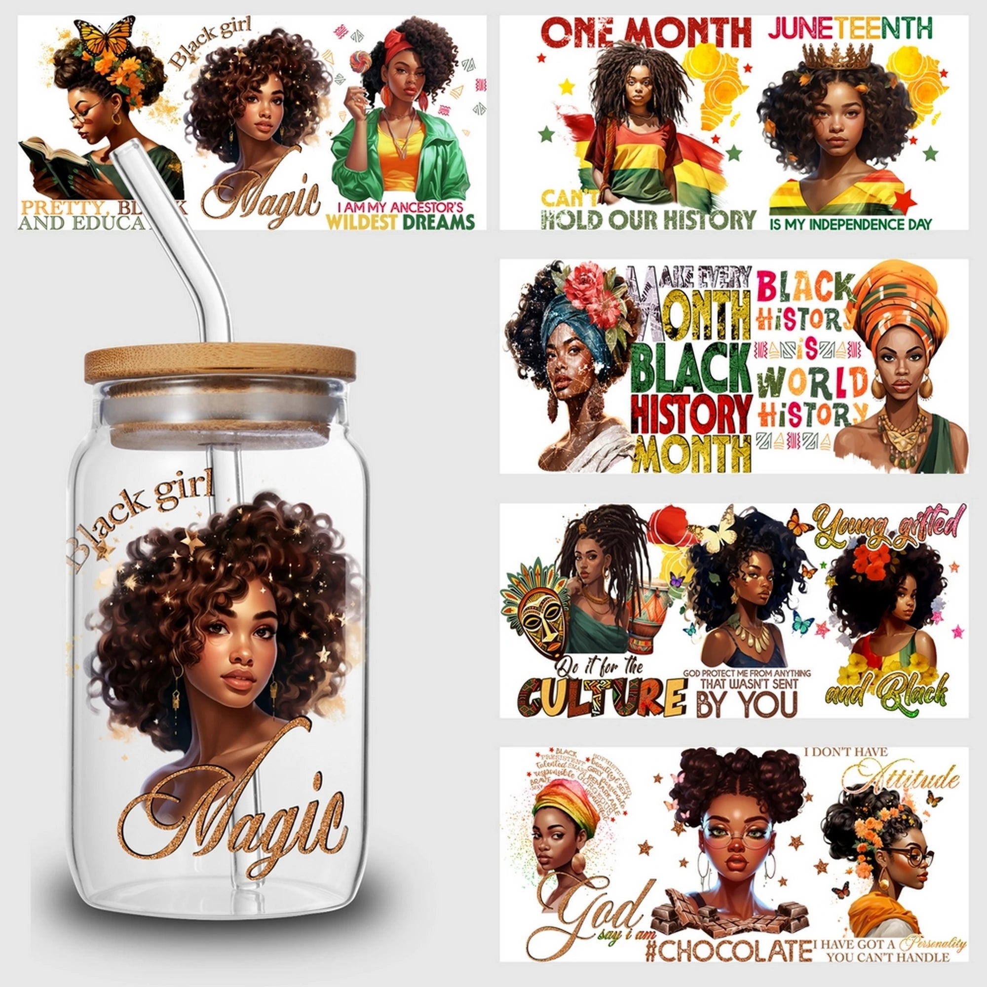 5 sheets Queen UV DTF cup stickers, DTF friction transfer stickers, waterproof transfer stickers, suitable for 16 oz glass cups