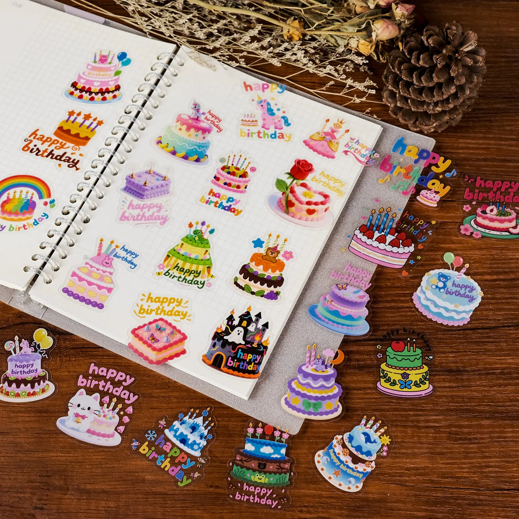 56PCS Cartoon Birthday Cake Transparent PET Stickers Children's Birthday Gifts Waterproof Decoration Stationery Notebook Sticker