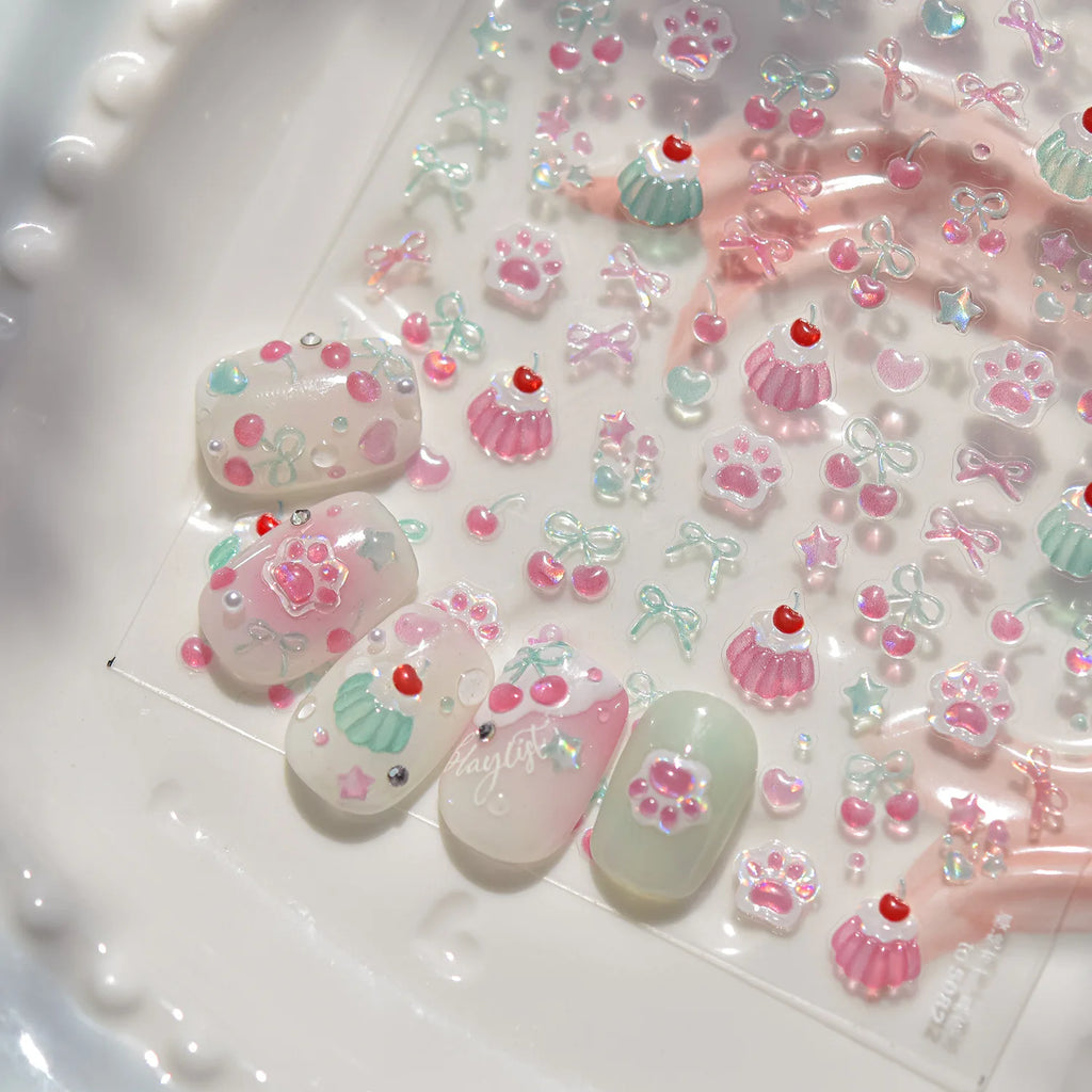 1pcs Cute 5D Jelly Nail Stickers Dessert Fruit Cherry Pink Claw Print Bowknot Love Nail Art Sticker Adhesive Manicure Decals DIY