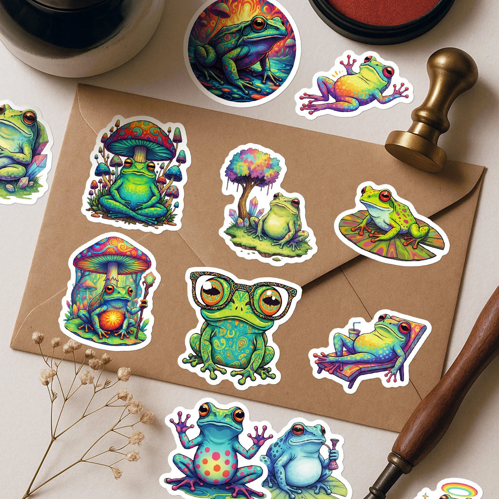 56/112 Pcs Reusable Cartoon Frog Decal Stickers for DIY Helmet Skateboard Guitar Piano Notebook Stationery Box Suitcase Fridge