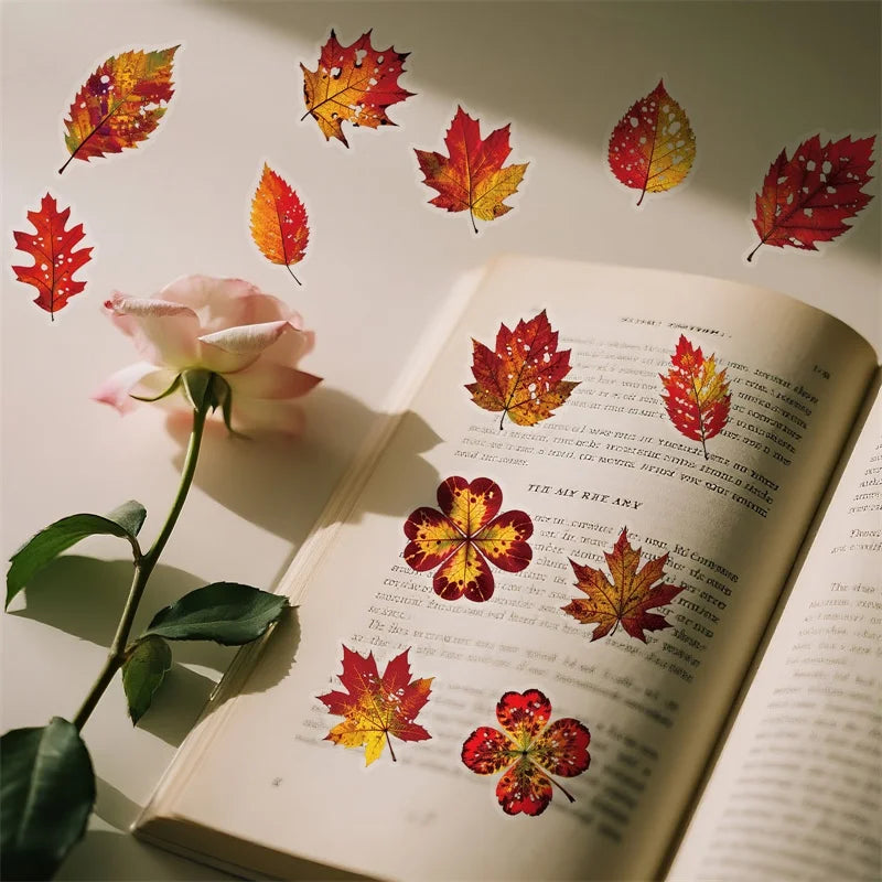 56PCS Red Leaf PET Sticky Sticker Aesthetic Tear Open DIY Decoration Scrapbooking School Stationery Supplies for Kids
