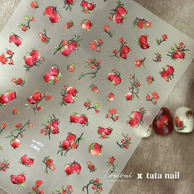 Jelly Fruits Nail Art Stickers Sweet Pomegranate Branch Self Adhesive Nail 3D Decorations Stickers DIY Chinese Nails Accessories
