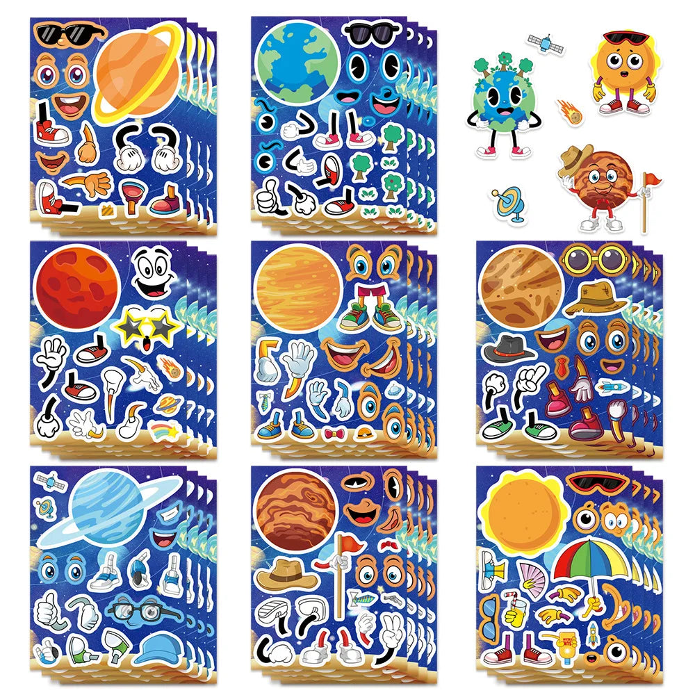 8-Pack Cute Cartoon Planet Character Puzzle Stickers Students Supplies Notebook Luggage Waterproof Decorative DIY Decals Sticker