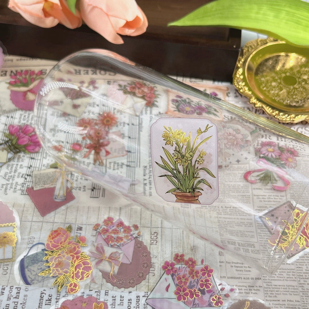 50/100PCS Cartoon Hot Stamping Flower Heart Language Sticker Pack Waterproof Transparent PET Decor Notebook Stationery Stickers